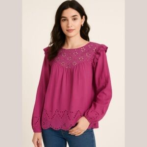 Jennifer & Grace hot pink Ruffled Eyelet Blouse Cotton Coquette Boho Sz L